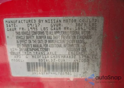 2017 Nissan Sentra Sv z USA, uszkodzony, nr VIN 3N1AB7AP4HL722981